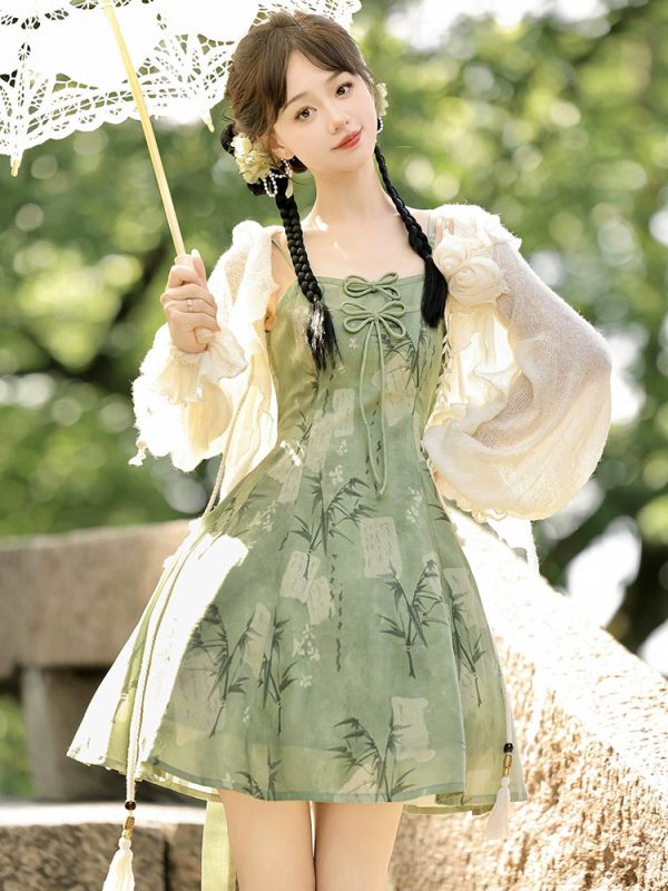 【Whisper of Bamboo】 Sweet Hanfu-Inspired Dress – Modern Chinese Style with Camisole Design