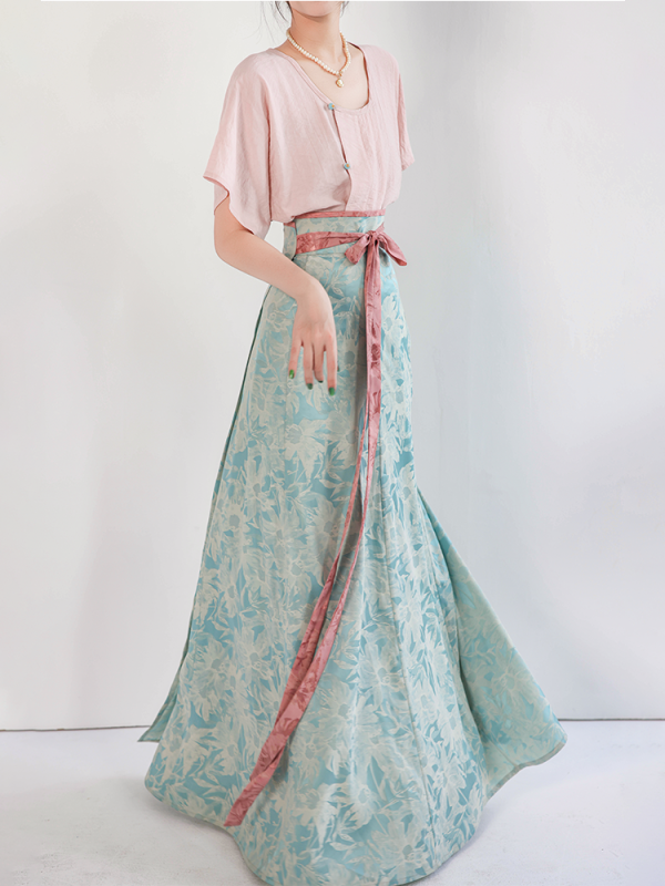 [Seventy-two soot] Green glaze dyed short-sleeved version, Tang Beizi Hanfu broken skirt, spring and summer women's daily commute - Image 2