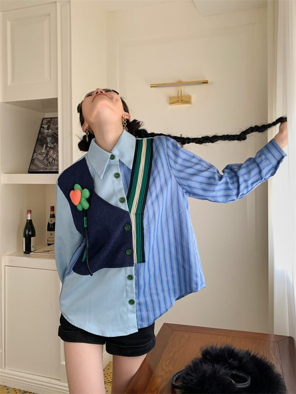 Patchwork Pinstripe Button-Up Shirt - Image 2