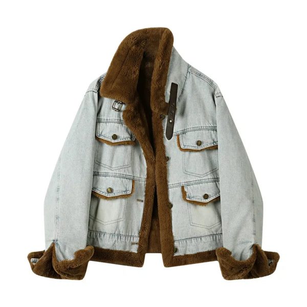 Buckle Collar Faux Fur Lined Denim Coat - Image 5