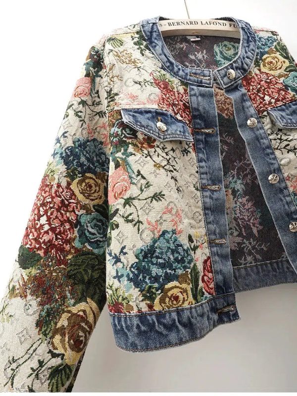 Round Neck Jacquard Denim Jacket - Image 4